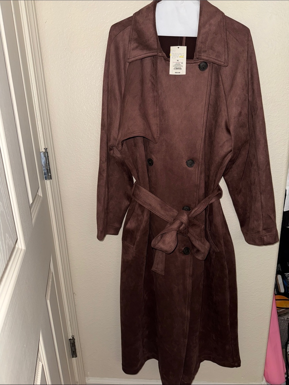 Brown Faux Suede Trench Coat with Belt - Women